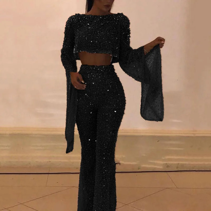 Sexy Backless Hollow Bandage Jumpsuit Women Spring Oneck Flare Sleeve Straight Playsuit Fall Sequin Shiny Party Romper Overalls 251027