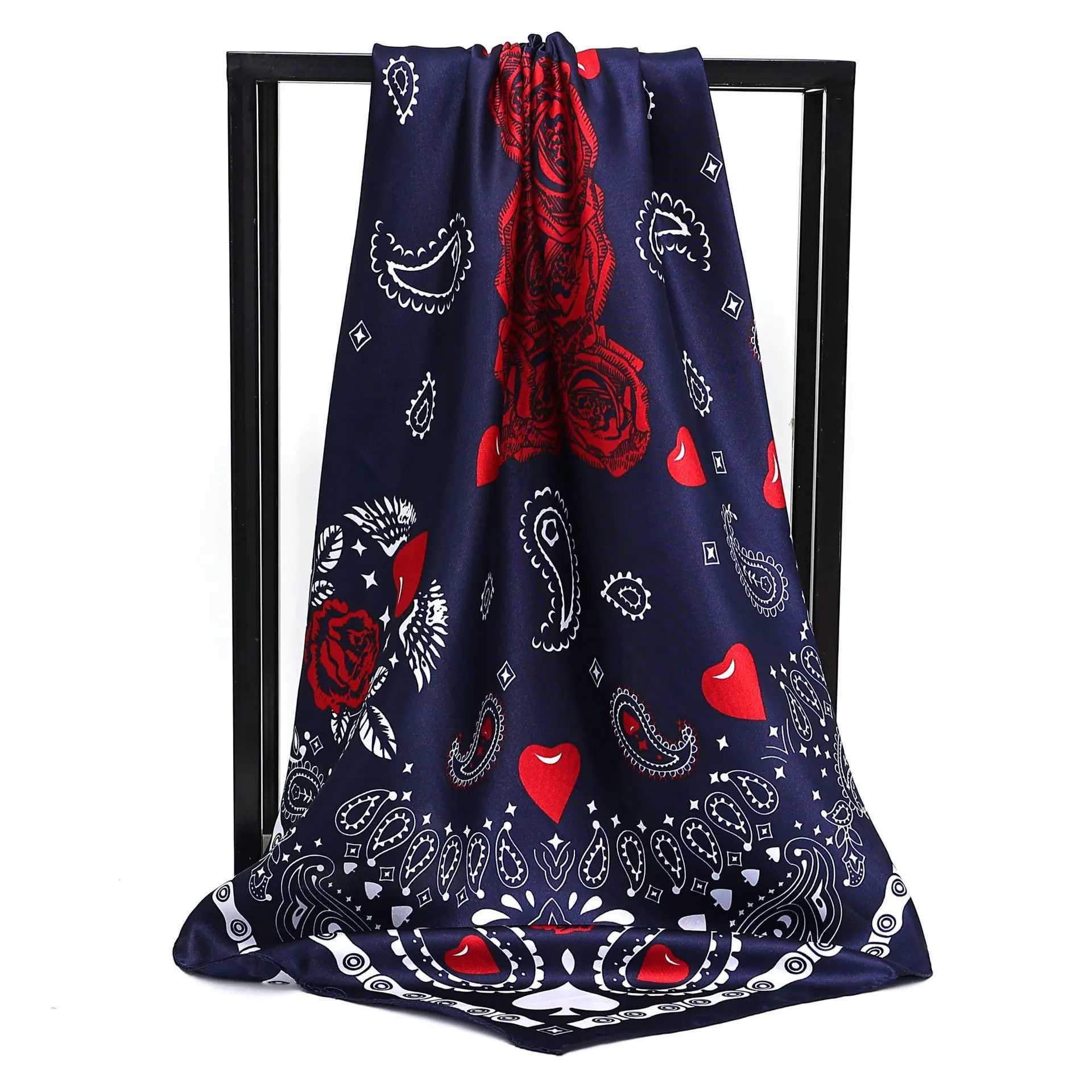 90X90cm 2025 New Women Luxury Print Satin Silk Scarves Square Scarf Hijab Neckerchief Female Hair Ribbon Headband Wrap BandanaW251029