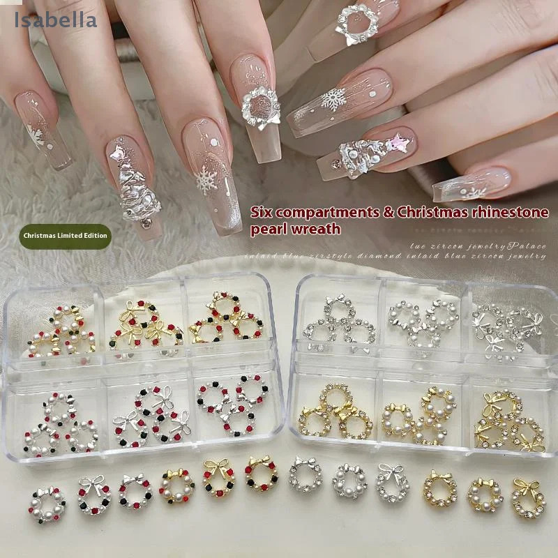 3D Christmas Wreath Alloy Inlaid With Diamonds And Pearls DIY Wearable Nail Rhinestones 251027
