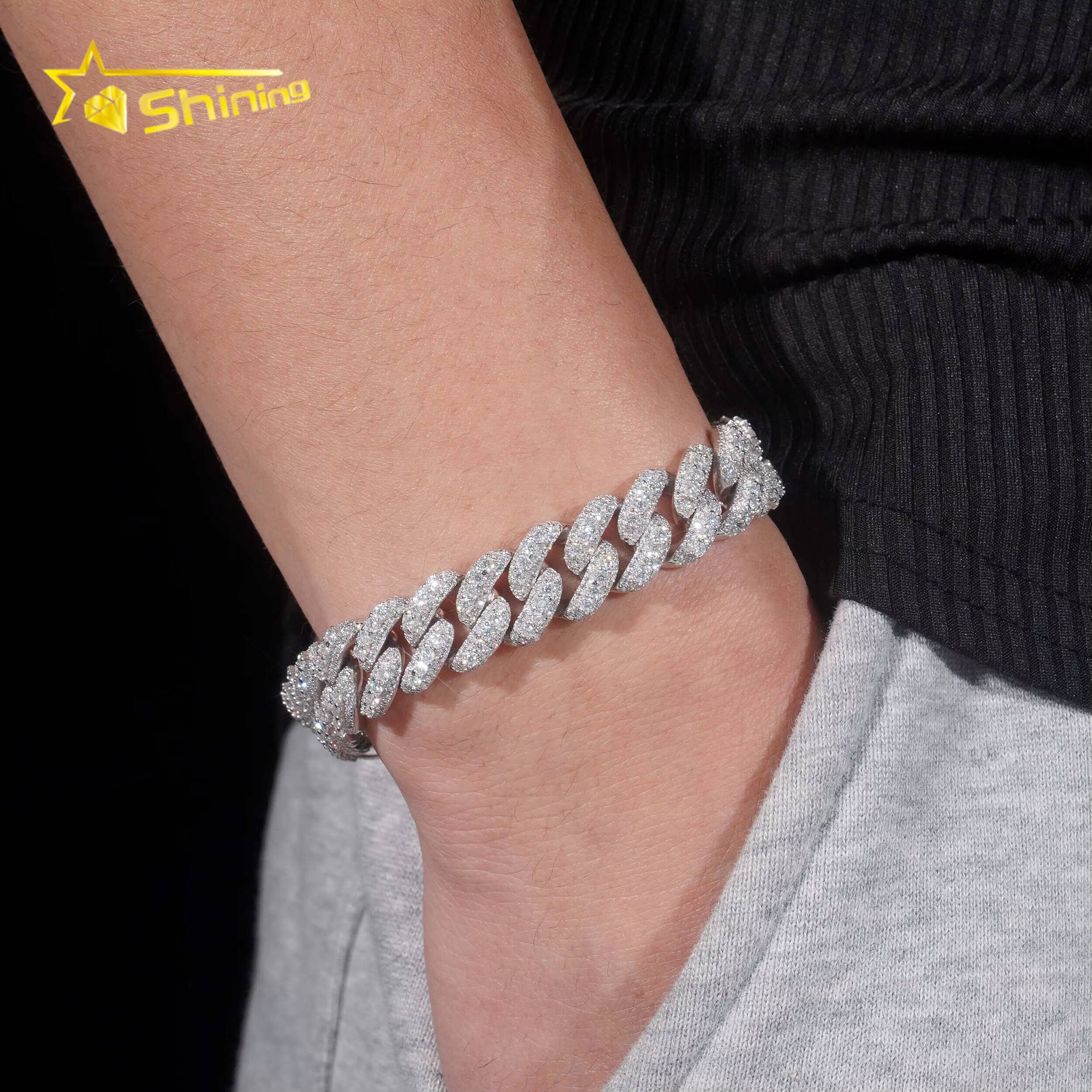 Hip Hop GRA Certificate 13MM Moon Shape Moissanite Cuban Link Bracelet Custom 925 Bracelet Sterling Silver for Men Fine Jewelry