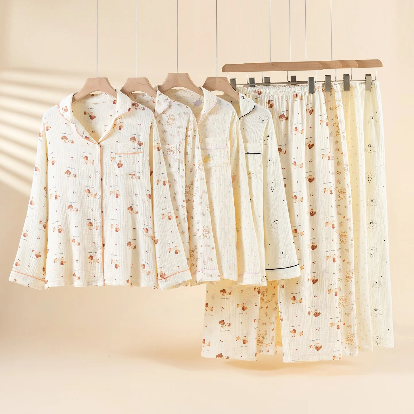 2025 pajamas For women 100 Cotton Womens Pajama long sleeves long pants 2 Piece Set Lady pajamas cute print sleepwear 251029