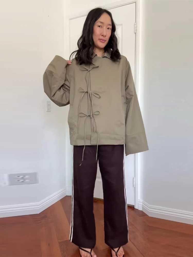 Reversible Oversized SingleBreasted Jacket Women Tied Collar Contrast 2025 Autumn Versatile Coat Urban Chic Lady Outerwear H251030