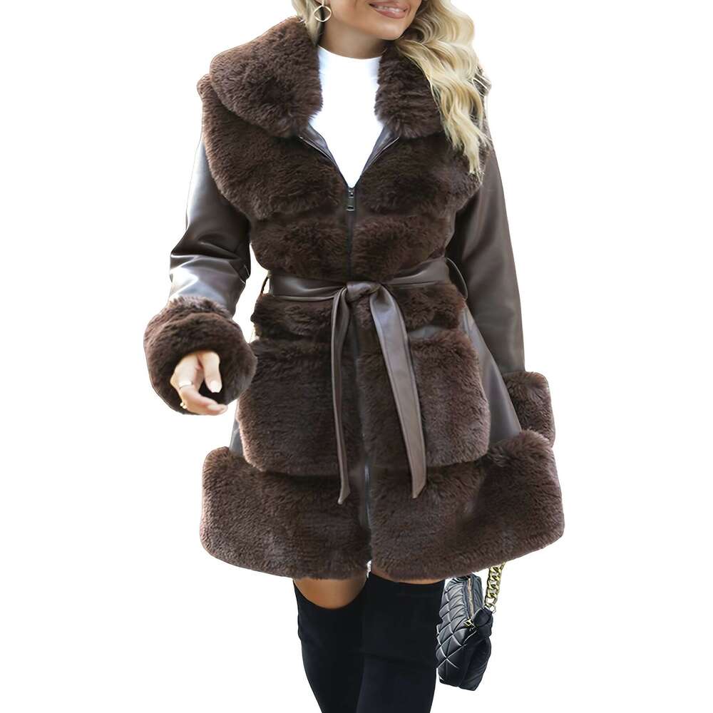 Women S Faux Fur Lined PU Jacket Casual Chic Brown Coat With Adjustable Belt Long Sleeves And Front Pockets For Fall Winter Stylish Outerwear Fall Wea