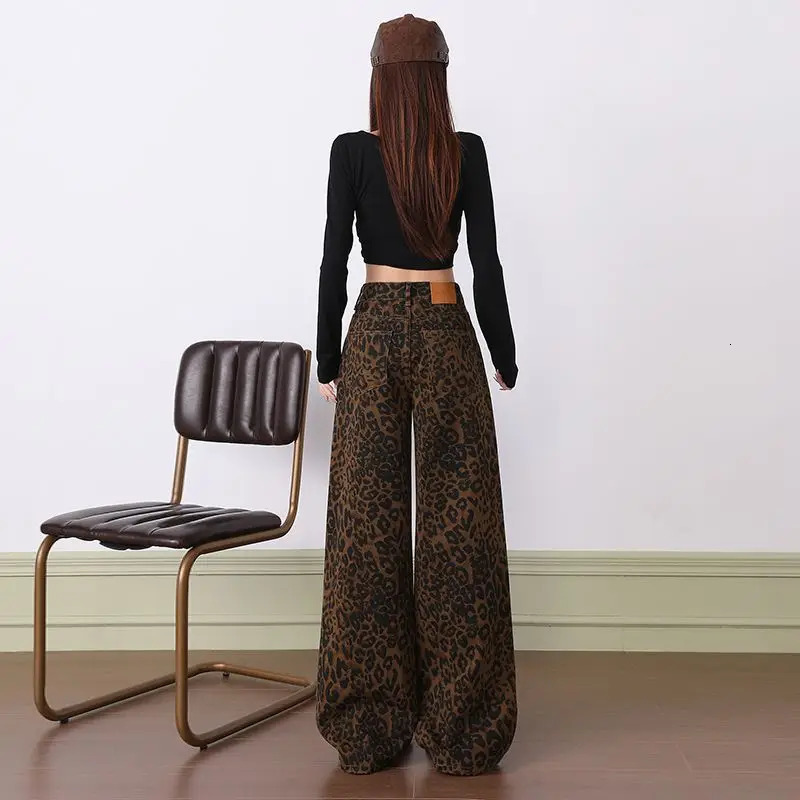 Y2k 2000s Clothes The Autumn Style American Leopard Print Highwaisted Wideleg Slimming Womens Jeans for Woman 251015