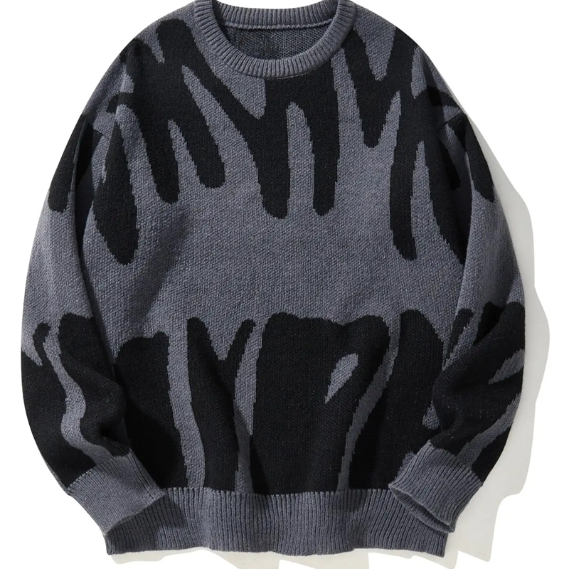 Autumn Winter Irregular Jacquard Pattern Pullover Sweater Casual Round Neck Contrast Color Knitted Mens y251010