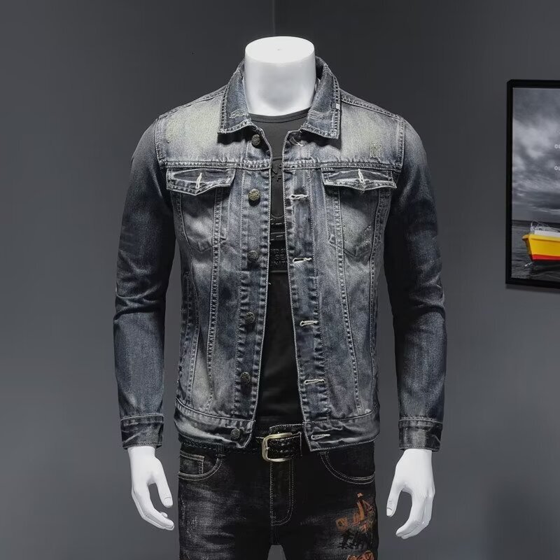Men's Denim Jacket Spring Autumn American Style Washed Vintage Casual Slim Designer Jacket Fit Long Sleeve Denim Jacket Cool Trendy