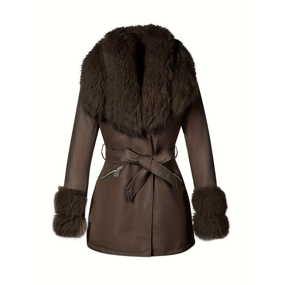 Elegant Jacket Elegant Women S Detachable Faux Fur Collar Belted Jacket Black Coat With Golden Tone Zipper Adjustable Waist Non Stretch Fabric For Fal
