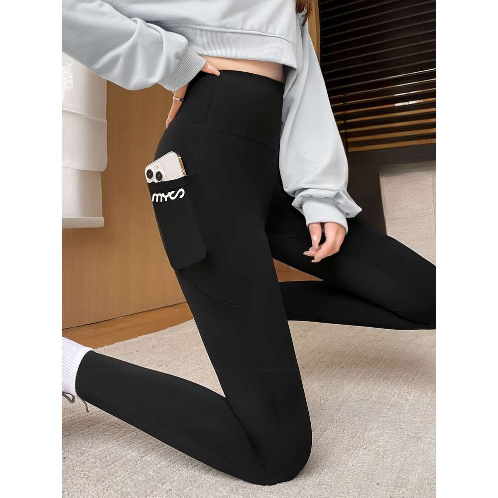 High-Waist Fleece-Lined Yoga Pants with Pockets - Butt Lifting, Tummy Control, Slimming Cropped Leggings Women, Black, Stretchy Polyester Activewear f