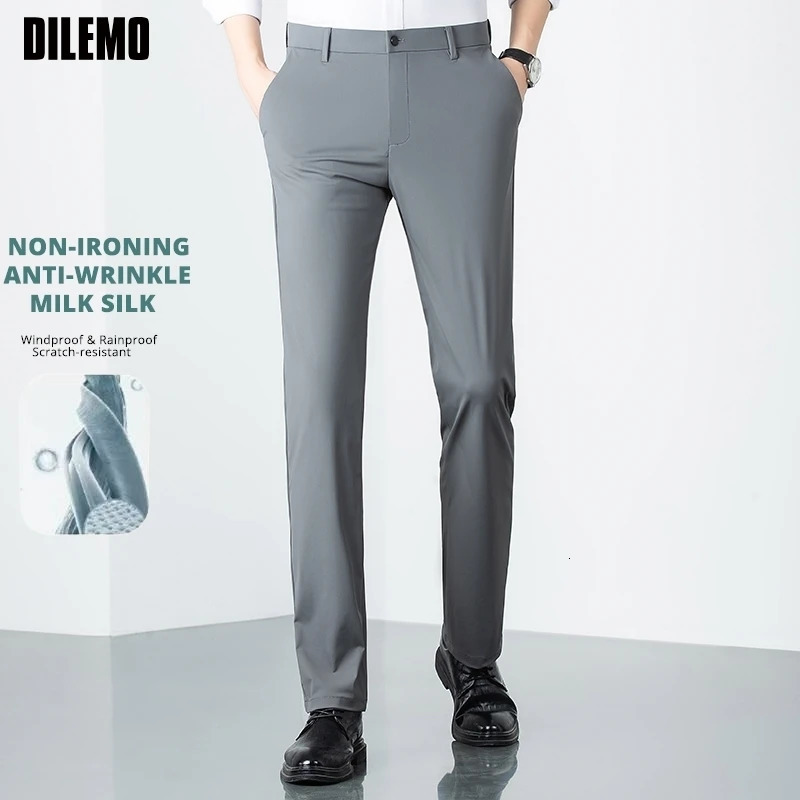 Premium Milk Ice Silk Nonironing Fashion Dress Pants Men Breathable Office Business Casual Commute Long Suit Trousers 251028
