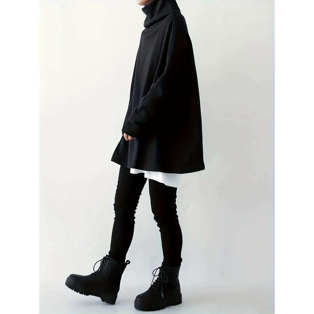 Women S Oversize Simple Tops New Fashion Casual Solid Color High Neck Long Sleeve T Shirt