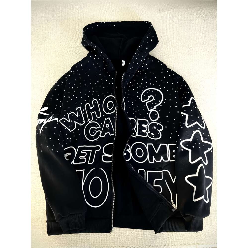 Men's Streetwear Rhinestone "Who Cares Get Some Money" Graphic, Hip Hop Full-Zip Sweatshirt With Pockets, Black & White Lettering, Fall
