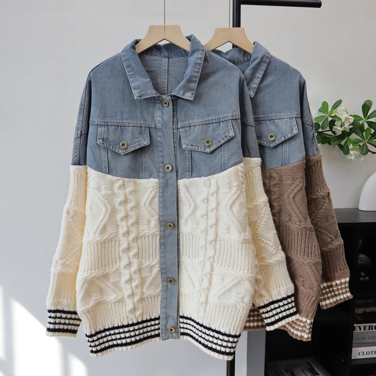 Women Denim Knitted Cardigan Sweater Spliced Jumper Turn Down Collar Long Sleeve Single Breasted Loose Casual 2025 Autumn Winter 251029
