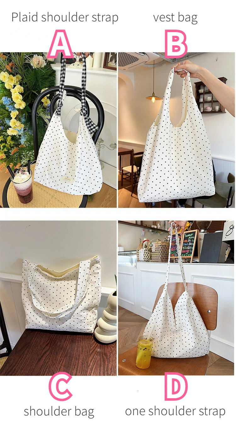 Vintage Polka Dot Womens Canvas Shoulder Bag Large Capacity Female Messenger Bags College Book Tote Handbags 251029