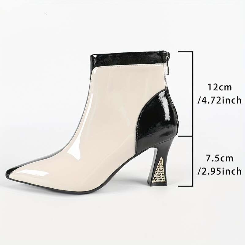 Women's Elegant Chunky Ankle Boots - Pointed Toe, Black White Color Block PU Cover Upper TPU Sole, Zipper Closure, Retro Style For Casual & Wear,