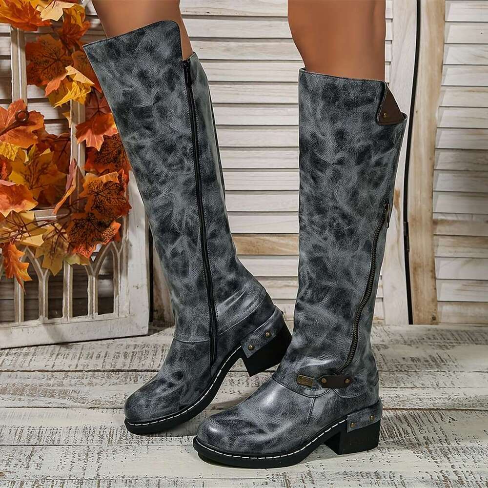 Vintage Style Women's Knee Boots With Side Zipper, Chunky High Heel, Round Toe, Solid Color, Faux Leather, TPR Sole, Casual Fall Collection