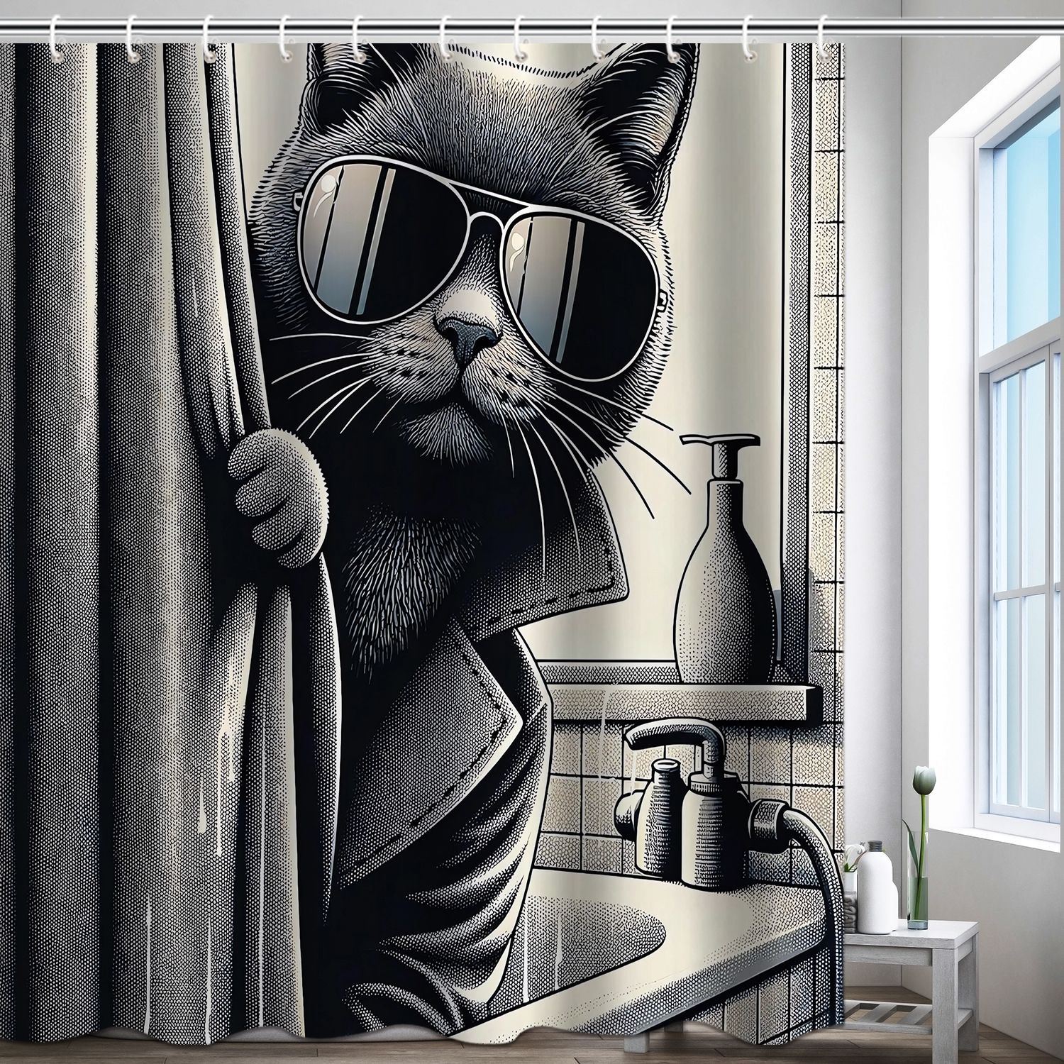 YL-37587 3D Digital Shower Curtain for Kitty Bathing, Bathroom Dry and Wet Separation, Polyester with Hooks, Isolation Curtain