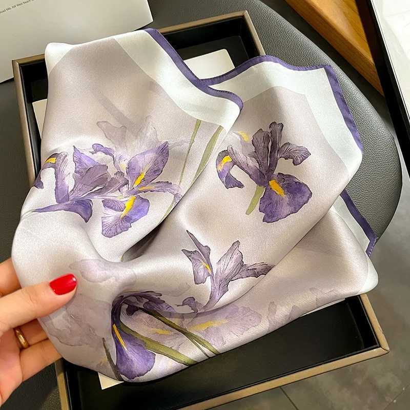 1pcs 70cm Hibiscus Flower Pattern Silk Scarf for Women Simulated Silk Purple Floral Scarfs Versatile Decorative Square ScarfW251029