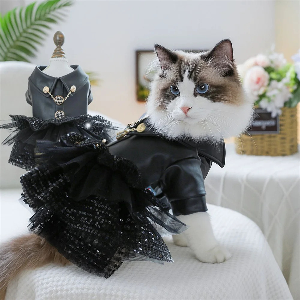 Fashion Cat Puppy Sequin Dress Soft Leather Top with Lace Skirt for Female Small Dogs And Cats Autumn Winter Pets Clothes 251029