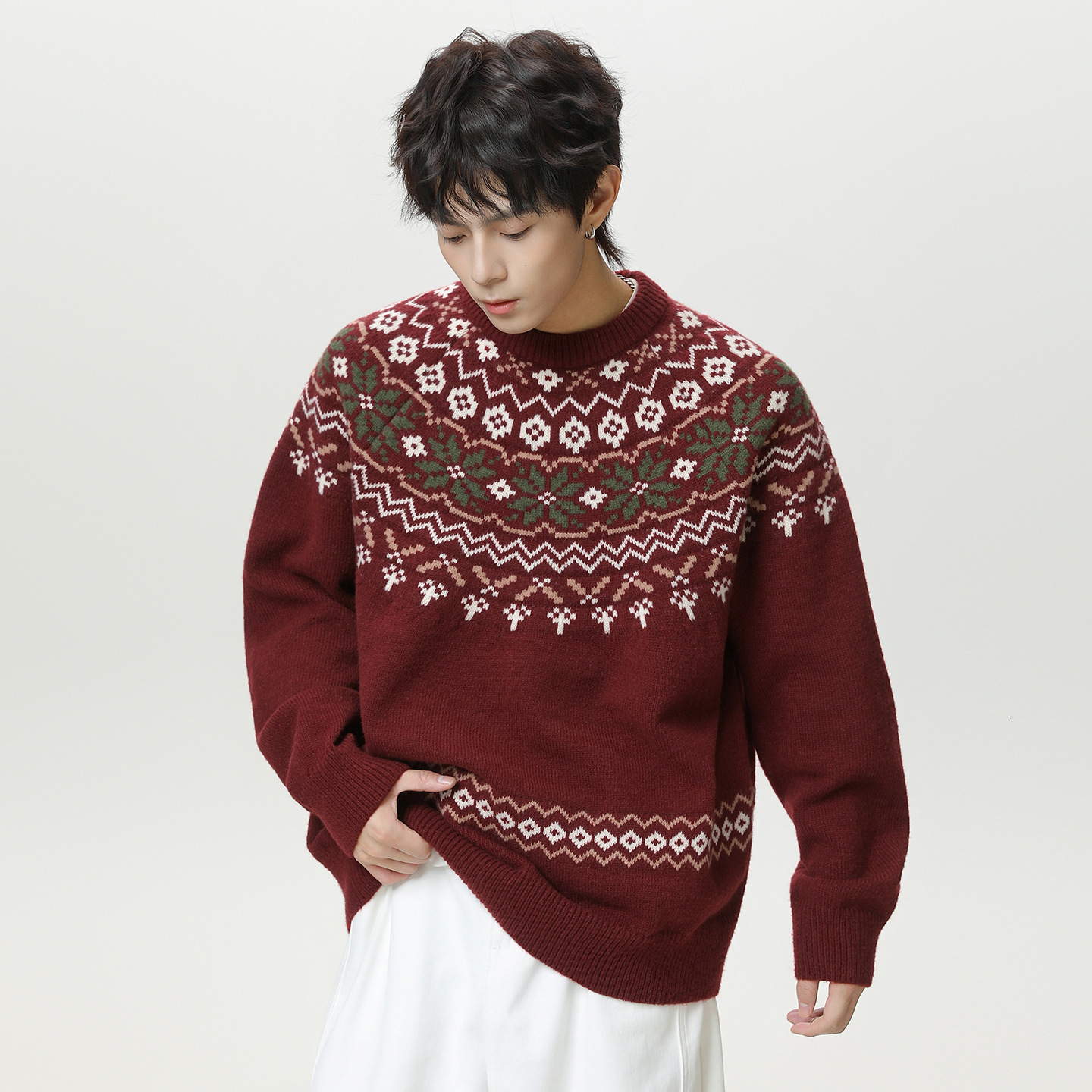 Fair Isle Ethnic Style Crew Neck Sweater Designer Sweater For Men New American Texture Versatile Pullover Knitwear For Autumn And Winter