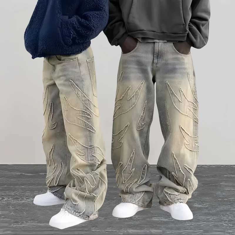 2024 Ropa Y2K Streetwear Flame Embroidery Baggy Stacked Jeans Pants For Men Clothes Harajuku Vintage Women Gothic Denim Trousers J251030