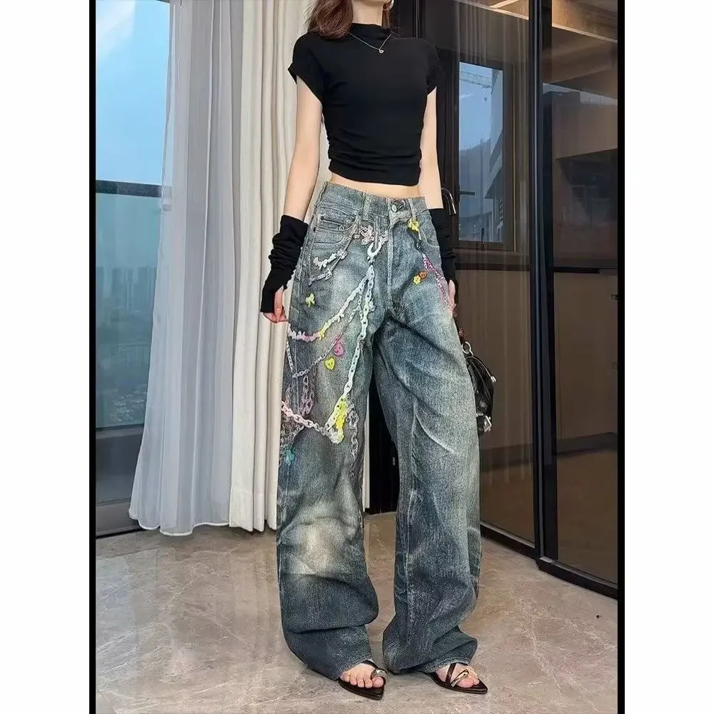 High Waist Straight Leg Jeans Womens Chain Print 3D Floral Casual Fashionable Floor Length Trousers 251029