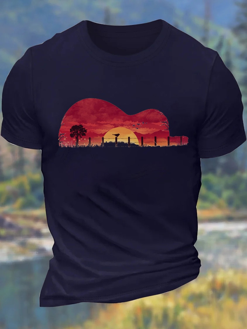 2025 New European & American Guitar Sunset Pattern Euro Size Oversized Crew Neck Printed Men's T-Shirt - TT7525