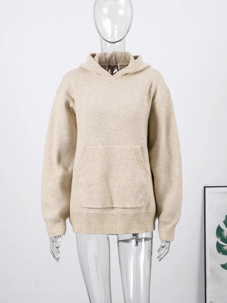 Casual Hooded Sweater Pullover Womens Loose Full Sleeves Knitted Coats With Pockets Autumn Winter Ladies Solid Outwear 251027