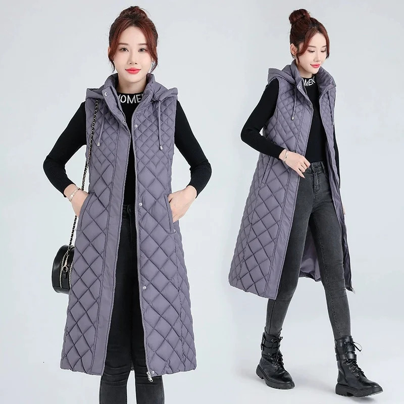 Women Autumn Winter Jacket Mid Long Down Cotton Vest Coat Hooded Windproof Female Waistcoat Sleeveless Jacket Chaleco Mujer 251024