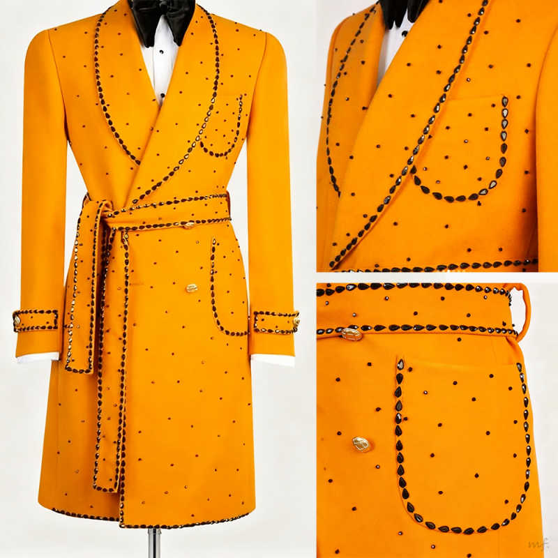 Luxury Men Overcoat 1 Piece Double-Breasted Long Coat Crystal Beading Celebrity Gowns Men's Stage Special Occasion Warm Customized