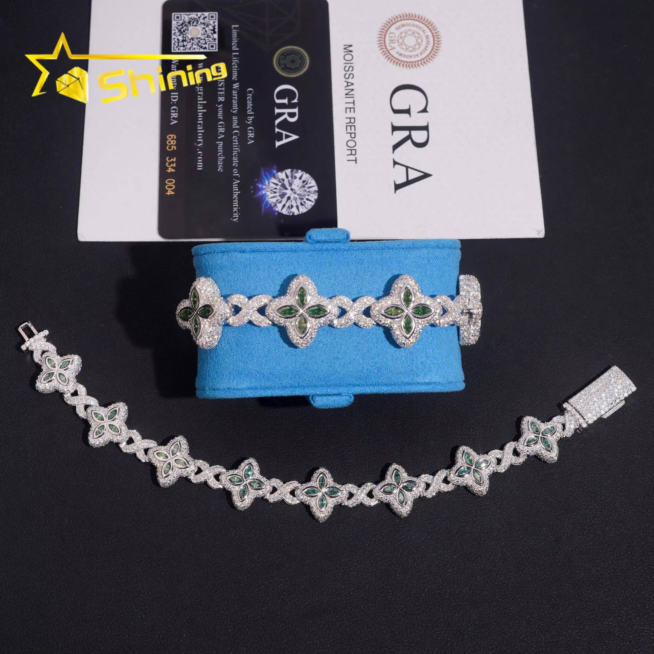 Rapper Hip Hop Jewelry 15mm 18mm Green Clover Moissanite Cuban Bracelet Custom 925 Silver Iced Out Infinity Moissanite Bracelet