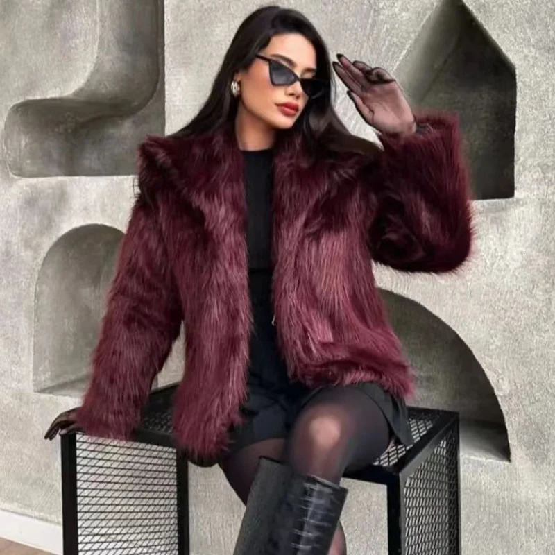 HXAO Womens Fur Coat Women Plush Burgundy Bomber Jacket Solid Crop Long Sleeve Warm Winter Coats Woman Casual 251028
