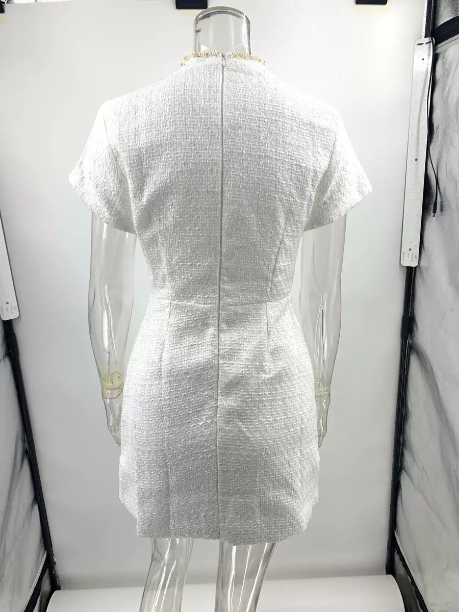 O Neck Casual Dress For Women White Elegant Tweed Short Dress A-line Mini Curvy Luxury dress Shoulder Pad Black Elegant Evening Gowns Party Birthday S