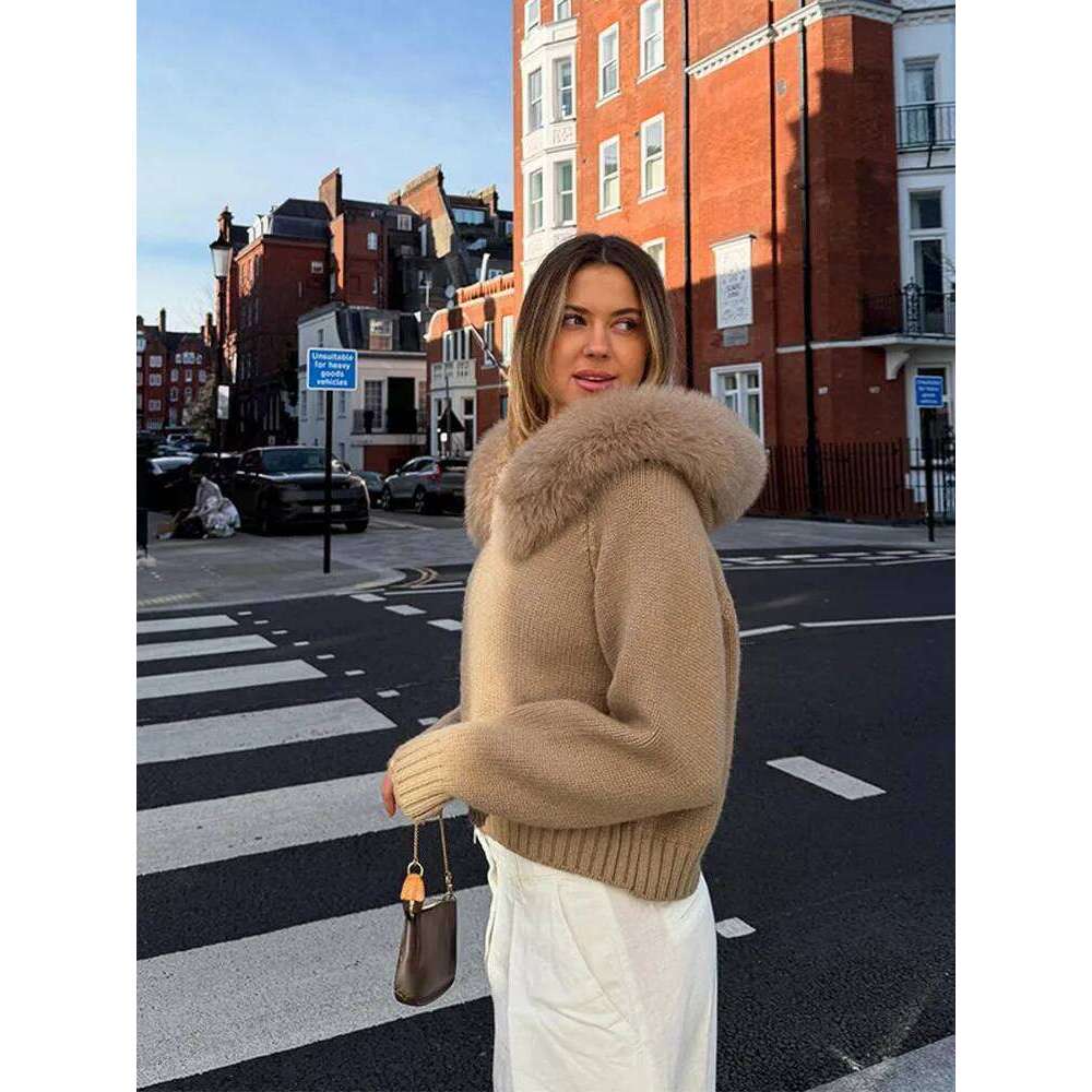 Chic Fur Collar Cropped Jacket Coat Hooded Knitted Sweater Women Casual Solid Autumn New Zip-Up Outerwear High Street Outfit Women Sweater Designer Sw