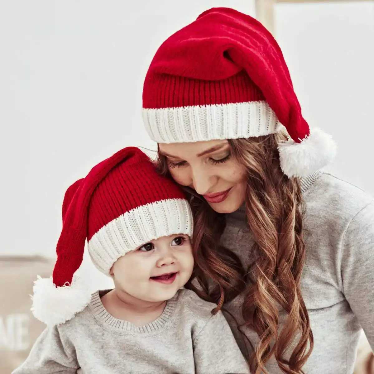 Knitted Red Christmas Hat Xmas Ball Hat Santa Adult Child New Year Decorations C251030