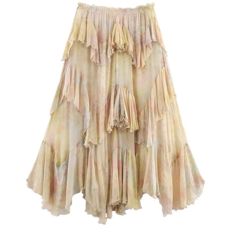 Summer 2025 Long Printed Layered Decorative Skirt Womens Faion High Waist Midi Skirt Floral Patterned Skirts 251028