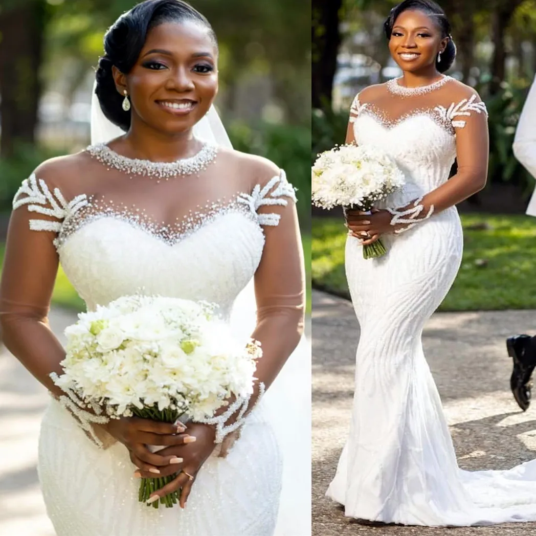 Ivory Mermaid Wedding Dresses Full Sleeves Sequined Lace Elegant Bridal Gowns Dress