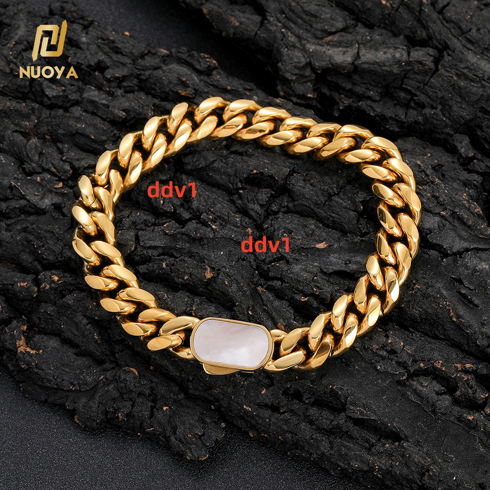 NUOYA Hip Hop Bracelet 812mm Stainless Steel Chain Natural Shell Clasp Miami Cuban Link Design Luxury Jewelry Designer's style