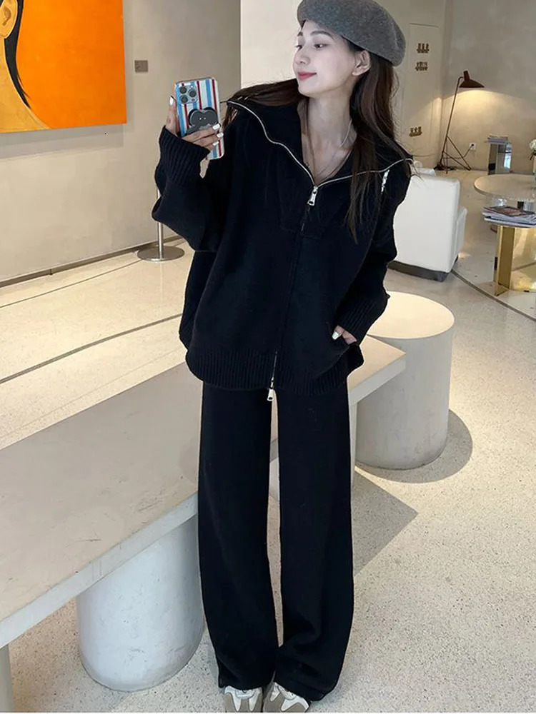 Classic Solid Knitted 2 Piece Sets Women Lapel Neck Knitwears Sweater Pullover Tops Conjuntos High Waist Loose Sweatpants Outfit 251029