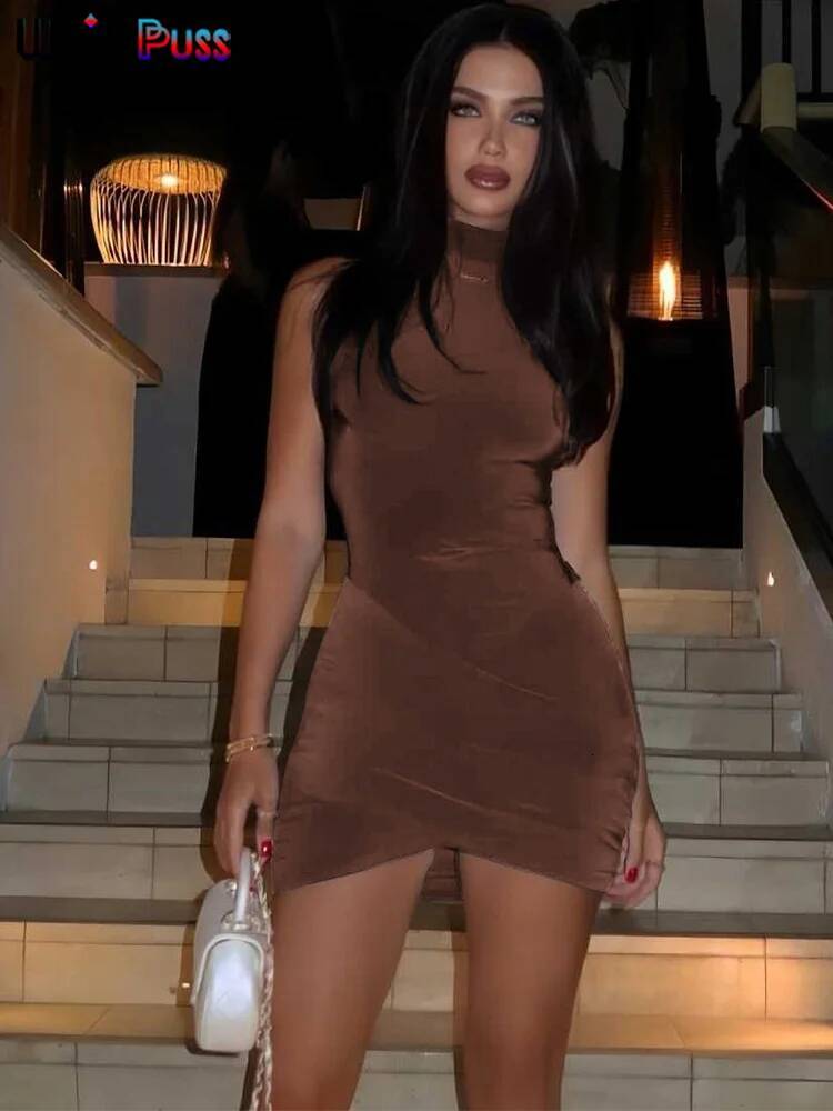 winter jacket women Weird Puss Cross Ruffles Mini Dress Woman Summer Sexy Solid Half High Collar Sleeveless Trend Chic Party Clubwear Skinny Bodycon