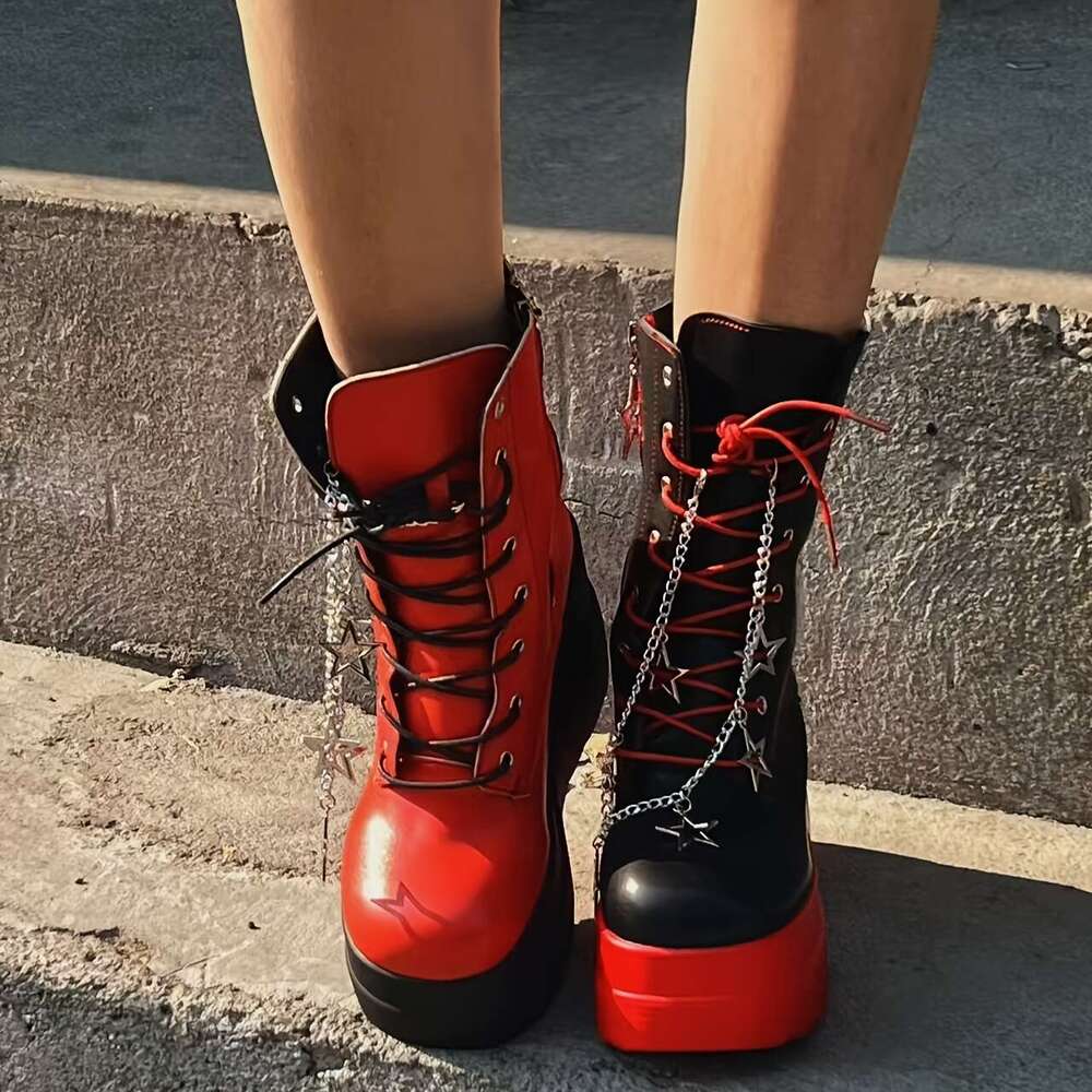 Women's Gothic Punk High - Red & Black Lace-Up With Chain Dangling Decor, All-Season Performance Short Boots, Casual Platform Heel | Laceup Boots