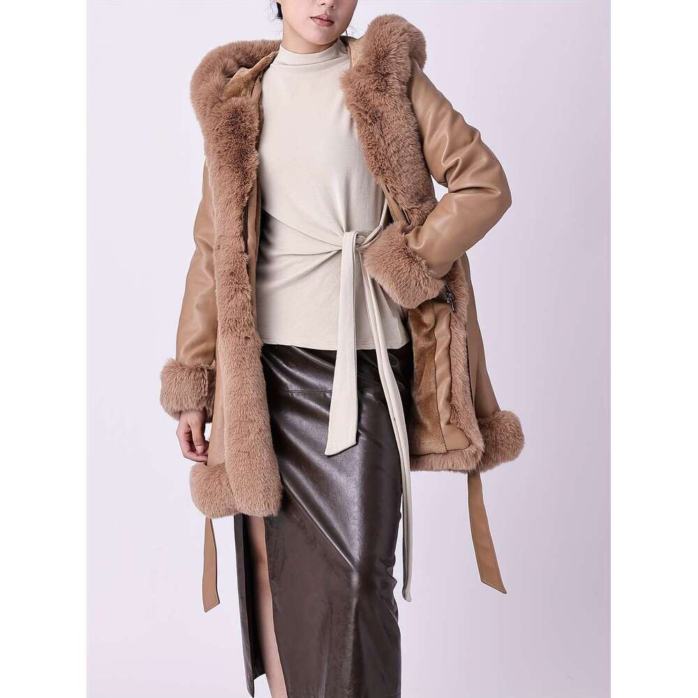 Women S Elegant Long PU Leather Hooded With Faux Fur Trim A Line Silhouette Brown Perfect For Fall Winter Stylish And Versatile Belt Detail Non Stretc