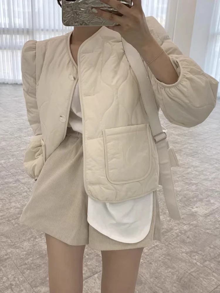 Winter ort Coat Womens Loose Fit Long Sve Bla Cotton Jaet Sli Agel Outerwear Top Button Detail Korean Sle 251030