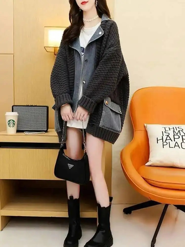LANMREM Denim Patchwork Knitted Sweaters Women Single Breasted Loose Irregular Cardigan Female Clothing Autumn Winter 2DA9204 251029