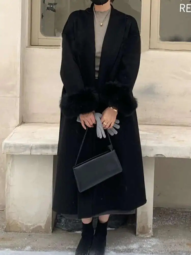 ZMEENNA Elegant Womens Coat European Style All Match Belt Fur Patchwork Long Sleeve Woolen 2024 Autumn Winter ZM600 251010