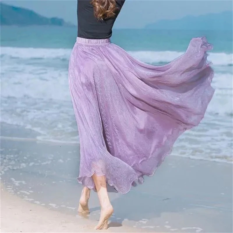 2025 Fashion Women Chiffon Long Skirts High Waist Floor Length Ruffles White Summer Boho Maxi Skirt Saia Longa Faldas 251028