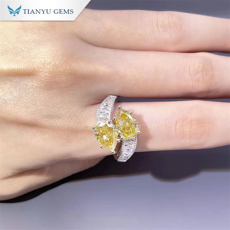 Tianyu Gems 7X10mm Pear Cut Vivid Yellow Moissanite Ring Toi Et Moi 18k 14k Gold French Cut D Color Stone Engagement Rings Women
