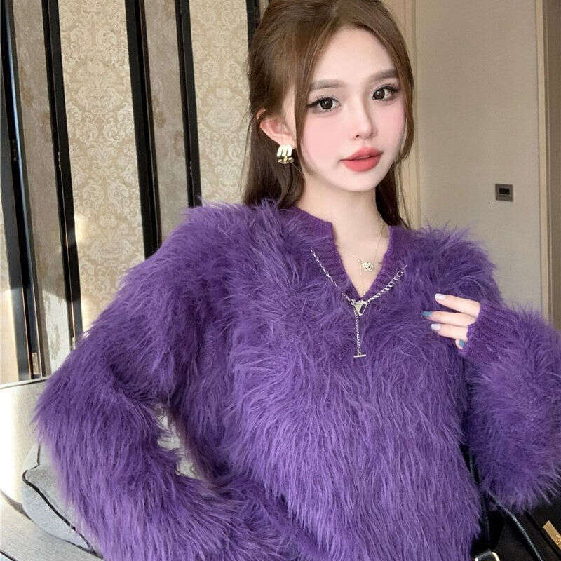 Design Sense Waterproof Mink Wool Sweater for Women, Autumn and Winter New Lazy Style Korean Version Fuzzy Knitted Pullover Outerwear Top