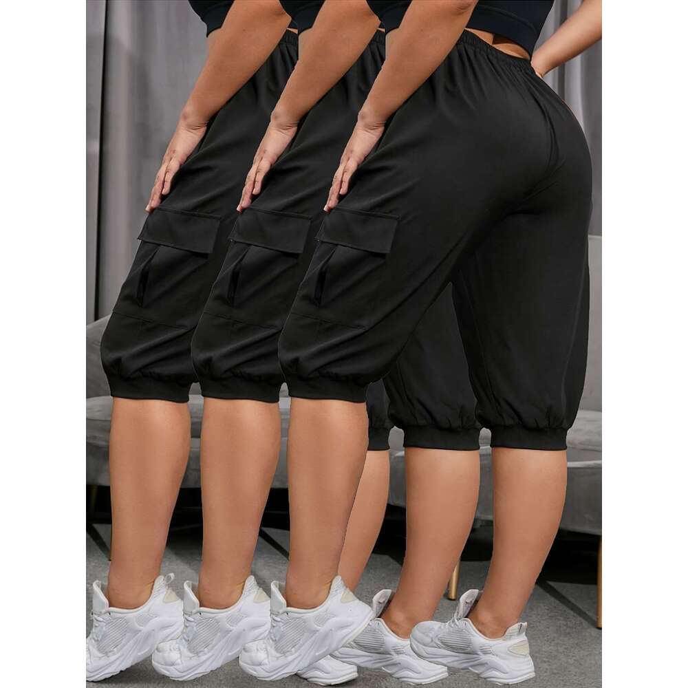 Women's Plus Size 3pcs Yoga Capri Pants with Side Flap Pockets & Drawstring Waist - Lightweight, Breathable Casual Sportswear