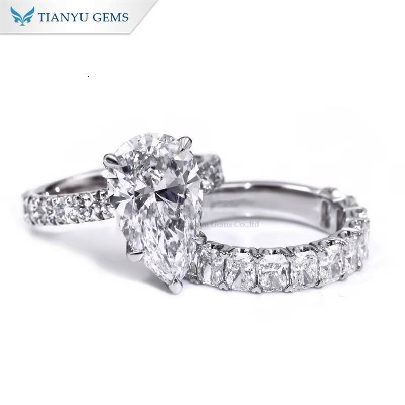 Tianyu 15x9mm Pear Cut Lab Grown Moissanite Diamond 14K 18K 10K Solid Gold Platinum Engagement Wedding Band Ring Sets