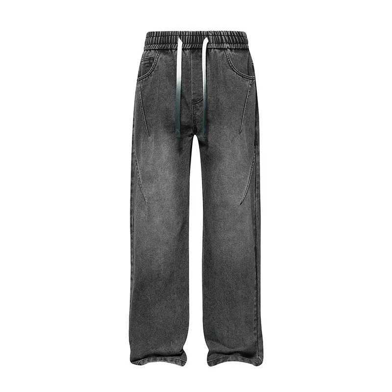 Jeans mens 2025 autumn new style American high street mens washed and worn drawstring trend straight leg denim pants J251030